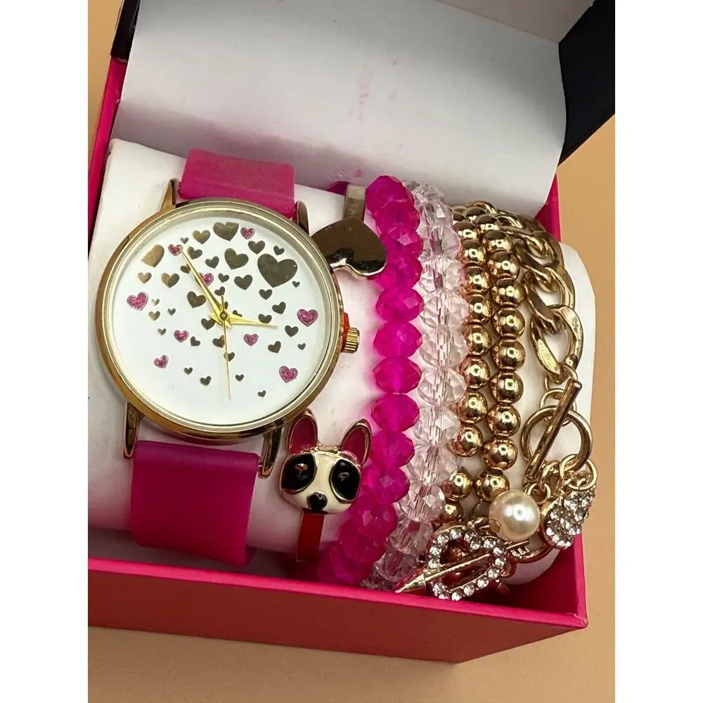 💖⌚ Jessica Carlyle Watch & Bracelet Set Pink Hearts Gift Box NEW